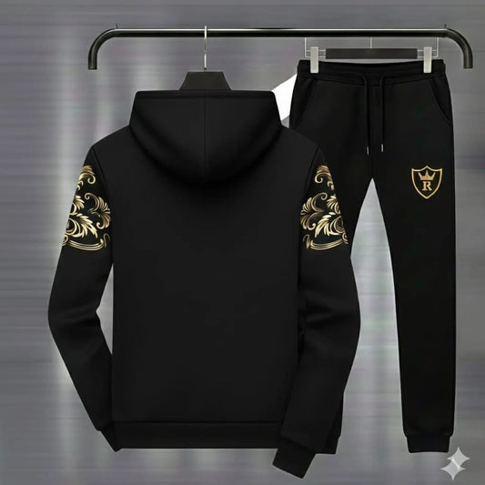 2 Pcs Royal Crest Black Printed Hoodie Track Suit