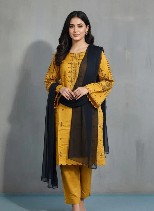 Mustard Linen Embroidered Suit Set - 3 Pcs with Chiffon Dupatta