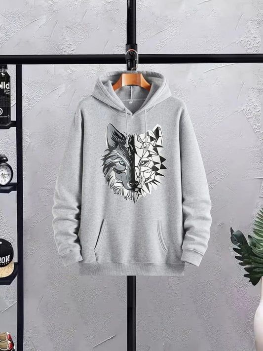 Men's Fleece Hoodie Track Suit - 2 Pcs Grey Printed Set, Wolf