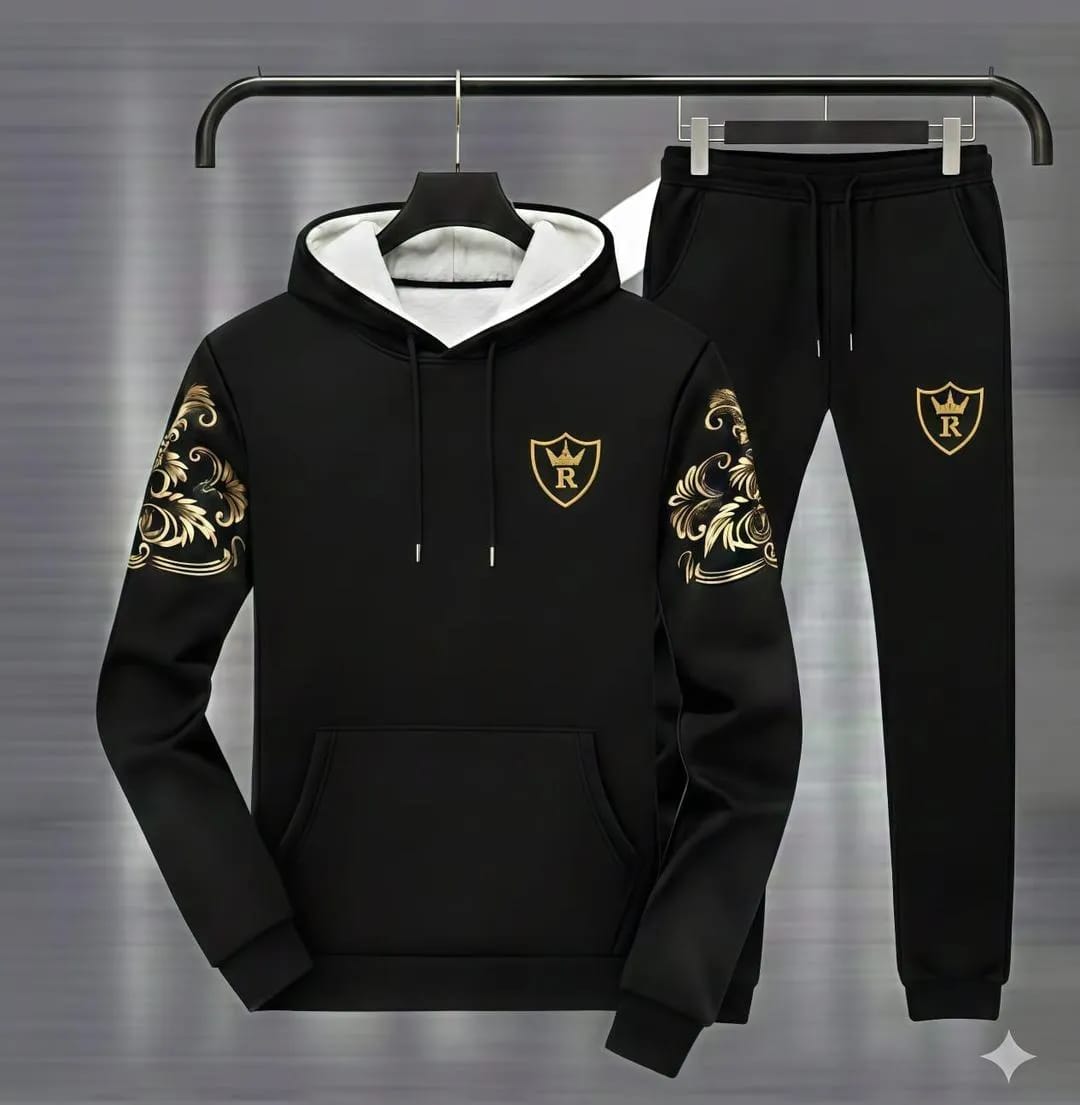 2 Pcs Royal Crest Black Printed Hoodie Track Suit