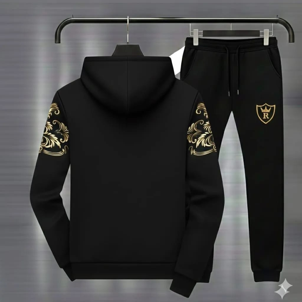 2 Pcs Royal Crest Black Printed Hoodie Track Suit